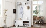 Hall Tree with Top Shelf and Storage Bench, Hallway Shoe Cabinet with Sliding Doors, Coat Rack with 5 Hanging Hooks for Entryways Hallways,White